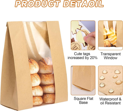 Paper Bread Bags - 35 Pack - Homemade Bread Storage Bags with Clear Window Includes Label Seal Stickers -Bakery Packaging Bags for Cookies, Bread,...