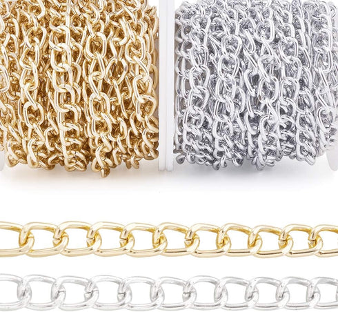KISSITTY 32.8 Feet Aluminium Curb Chains Twisted Links Golden & Silver Plated with Spool for Bracelet Necklace DIY Jewelry Making...