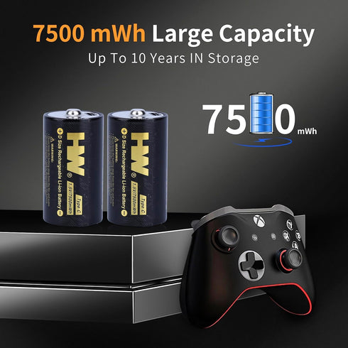 HW USB-C Rechargeable 1.5V Lithium D Batteries, 2-Pack 5000mAh/7500mWh Fast Charging with Over 1000 Cycles D Cell Long Lasting Lithium Batteries f...