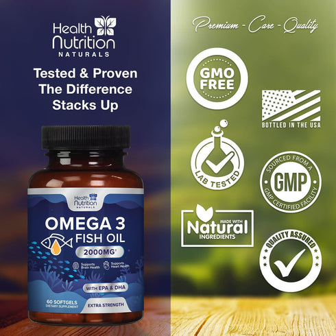 Omega 3 Fish Oil Triple Strength 2000 mg Softgels, Omega-3 Supplements, Natural Brain Heart Joint Health & Immune Support - Fatty Acids with EPA &...