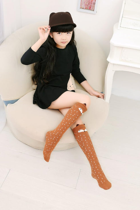 Girls Cotton Knee High Socks Cartoon Animal Cat Bear Fox Over Knee Socks for Kids 3-12 years, 6 Pairs-6 Color...
