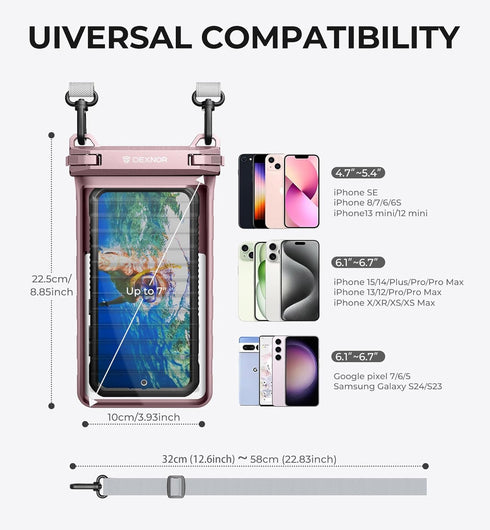 Dexnor IP68 Waterproof Phone Pouch, Universal 3D Cellphone Dry Bag Case with Adjustable Double-hook Lanyard for iPhone 15 14 13 12 Pro Max XS Plus...