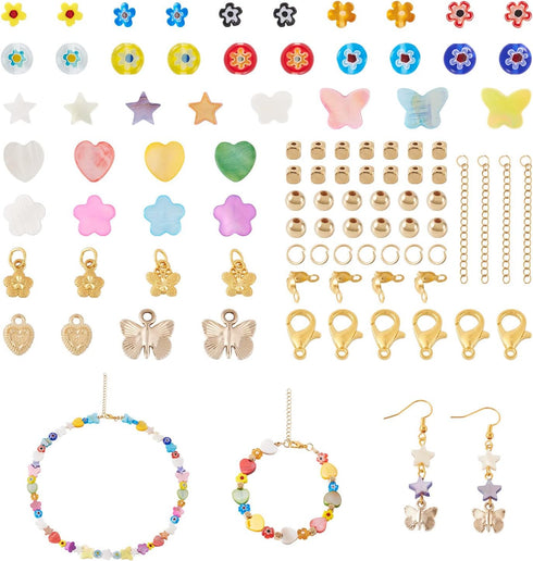 Cheriswelry Box of DIY Jewelry Making Finding Kit with Natural Shell Beads Millefiori Glass Beads Alloy Charms Plastic Beads Jump Rings Lobster Cl...