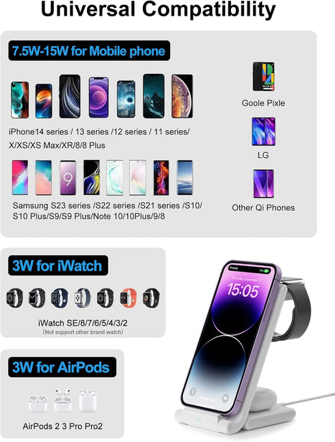 Wireless Charging Station, Foldable Charger Stand for iPhone 14/13/12/Pro/Plus/11/XS/XR/X/8/Samsung Galaxy, Wireless Charger 3 in 1 Compatible wit...
