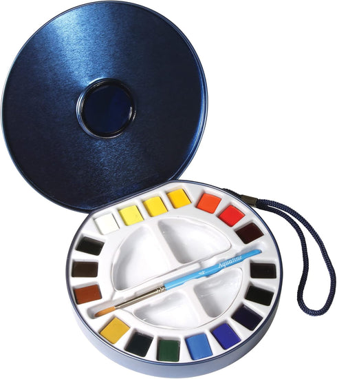 AQUAFINE Watercolour Metallkasten Reise-Dose 18 x 1/2 Naepfchen, 1 Pinsel, 2 Paletten...