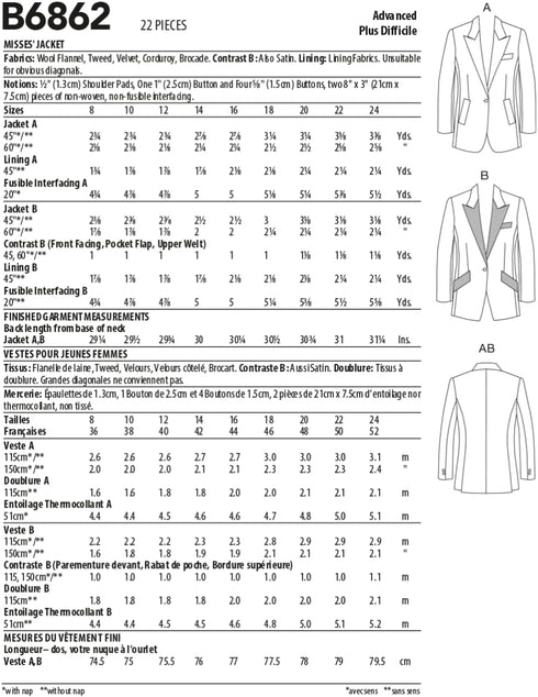Butterick Misses' Jacket Sewing Pattern Kit, Code B6862, Sizes 8-10-12-14-16, Multicolor...