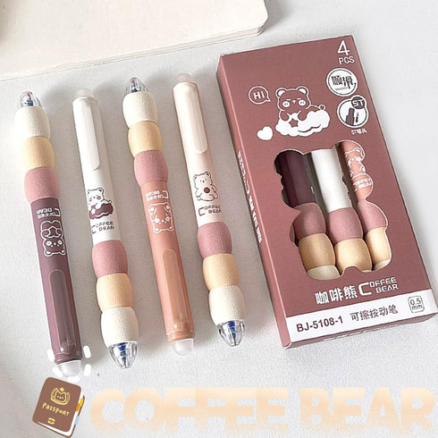 4 Pcs Erasable Gel Pens Cute Retractable Pens Cartoon Bear Pens 0.5mm Black Ink Pen Office School Pens Women Girls Boys Pens (Black Ink-Coffee Bea...