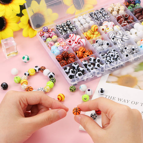 400 Pcs Sports Ball Beads for Jewelry Making, Acrylic Sports Beads Bulk, Baseball Basketball Soccer Volleyball Softball Football Beads with Box, S...
