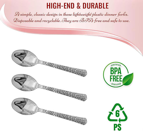 Kaya Shiny Metallic Silver Hammered Disposable Plastic Spoons (Pack of 20) - Durable & Stylish Design - Perfect for Parties & Entertaining...
