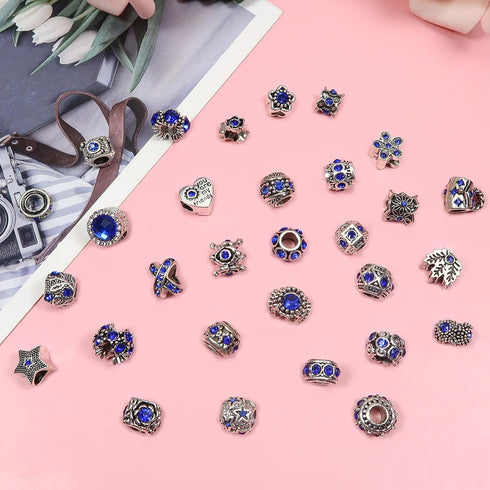 TOAOB 30pcs Dark Blue Large Hole European Beads Antique Silver Metal Rhinestone Rondelle Spacer Charms Beads Assortments for Bracelets Necklaces J...