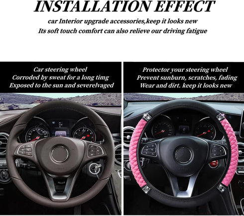 Diamond Leather Steering Wheel Cover for Women Girls, with Bling Bling Crystal Rhinestones, Universal Fit 15 Inch Car Steering Wheel Protector (Pi...