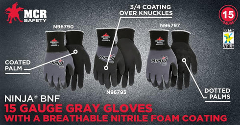 MCR Safety Gloves N96790XL Ninja BNF 15 Gauge Work Gloves, Nylon/Spandex Shell with NFT Coated Palm & Fingertips, Black/Grey, XL...