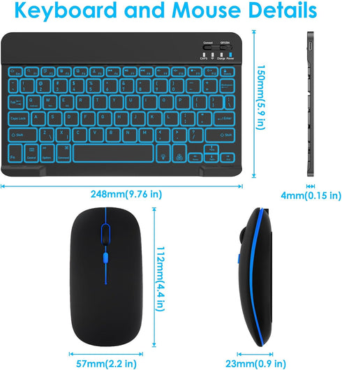 LAMA 7 Colors Backlit Universal Bluetooth Keyboard and Mouse, Ultra-Slim Rechargeable Wireless Keyboard and Mouse for iPad/iPad Mini/iPad Air iPad...