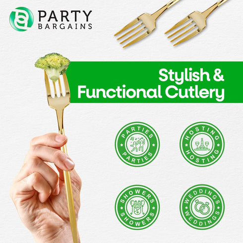 Party Bargains Disposable Plastic Salad Fork Flatware Utensils, 32 Pack, Gold, Novelty Modern Design Kitchen Silverware Cutlery for Household Dinn...