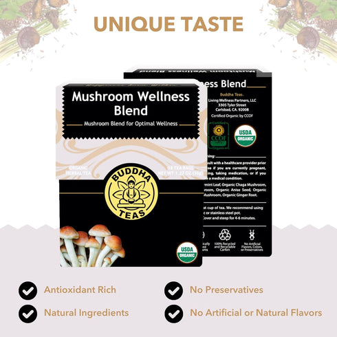 Buddha Teas - Organic Mushroom Wellness Blend - Herbal Tea - For Health & Wellbeing - With Antioxidants & Minerals - Clean Ingredients - Caffeine ...