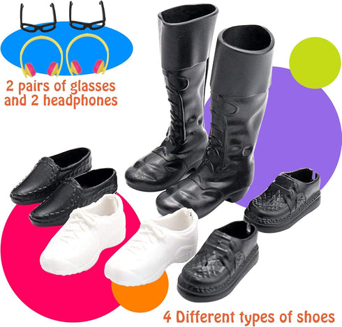 32Pcs Doll Clothes and Accessories for 12 Inch Boy Dolls Include 20 Different Wear Clothes Shirt Jeans Beach Shorts 4 Pairs of Shoes, Glasses, Ear...