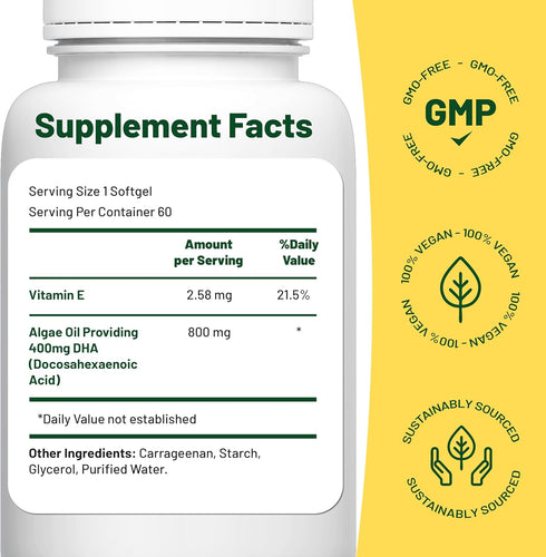 Vegan Vitality Vegan Omega 3 Supplement - 60 Plant Based Algae Omega 3 Oil Soft Gels Essential Fatty Acids with vegan DHA for Joint, Heart & Immun...