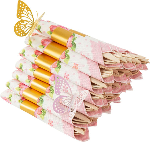30 Pack Pre Rolled Napkin and Cutlery Set, Wooden Disposable Cutlery with 30 Forks, 30 Spoons, 30 Knives, 30 Napkins, Biodegradable Utensils for P...