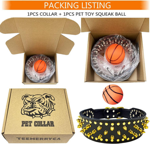 teemerryca Sturdy Wide Black PU Leather Gold Spiked Dog Collars with a Squeak Ball for Medium Large Breed Boy Pet, Pit bulls/Bulldog/Boxer/Doberma...