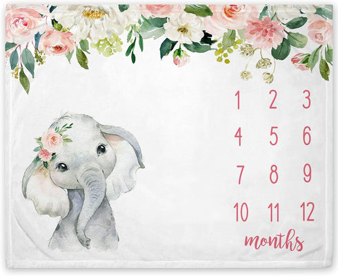 Floral Elephant Baby Monthly Milestone Blanket, Jungle Elephant Girl's Soft Fleece Monthly Milestone Blanket , Girl Elephant Nursery Infant Newbor...