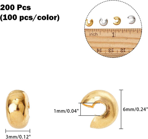 arricraft 200 Pcs 6mm Brass Crimp Beads Covers, Half Round Open Tube Beads Knot Cover Caps for Jewelry Making (Golden×100, Platinum×100)...