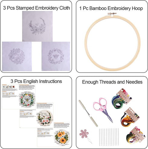 3 Sets of Full Range Embroidery Kits for Adults, Stamped Embroidery kit Include Stamped Embroidery Cloth with Floral Pattern, Embroidery Hoops, Co...