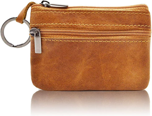 Women Genuine Leather Coin Pouch Zip Mini Purse Wallet Key Chain Double Zipper...