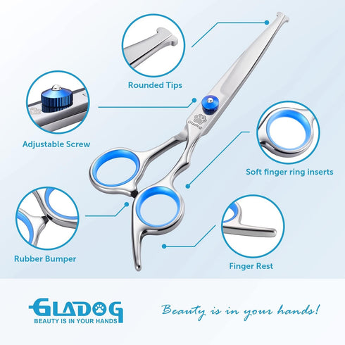 GLADOG Professional 5 in 1 Dog Grooming Scissors Set with Safety Round Tips, Sharp and Heavy-duty Pet Grooming Shears for Cats...