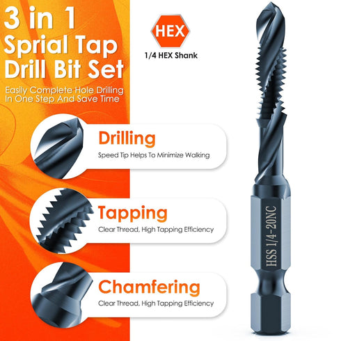 THINKWORK Combination Drill Tap & Tap Bit Set, 6 Pack 3-in-1 Anti-Rust Black Titanium Coated Screw Tapping Bit Tool in SAE Size 6-32NC 8-32NC 10-2...
