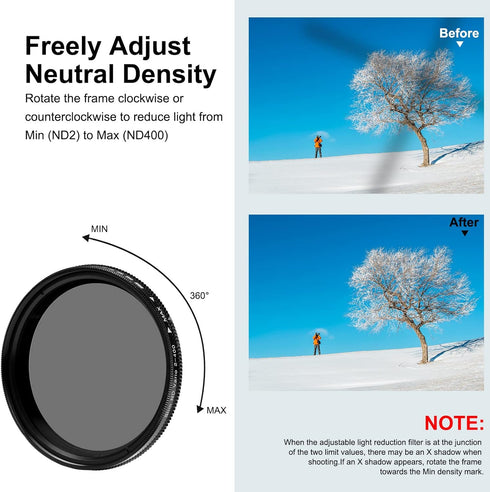 PULUZ 52mm UV?ND2-400 Lens Filter Adjustable Neutral Density Filter for GoPro Hero11 / Hero11 Black Mini / HERO10 / HERO9 with Adapter Ring and Le...