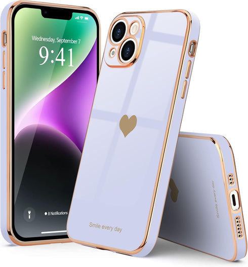 Teageo for iPhone 14 Plus Case for Women Girl Cute Love Heart Luxury Plating Soft Bling Back Cover Raised Full Camera Protection Bumper Silicone S...