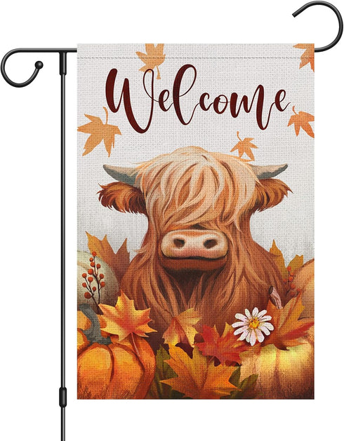Welcome Fall Highland Cow Garden Flag 12x18 Inch Double Sided Burlap, Farmhouse Pumpkins Cow Yard Decor Seasonal Flowers Porch Flag for Rustic Aum...
