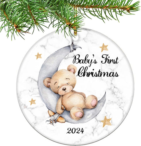 Baby's First Christmas 2025 Boy Bear on The Moon Baby Ornament Christmas Wedding Decoration Baby Ornament Newlywed 2025 (Yellow and White Baby Bea...