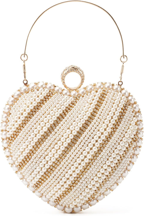 Oweisong Heart Pearl Clutch Purses for Women Cocktail Bride Evening Bag Vintage Wedding Tote Handbag with Chain...