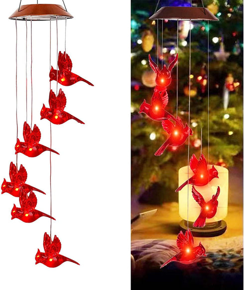 Solar Red Bird Wind Chimes, Color Changing Solar Powered Red Cardinal Bird Wind Chime Wind Moblie LED Light, Mobile Hanging Wind Chimes Portable O...