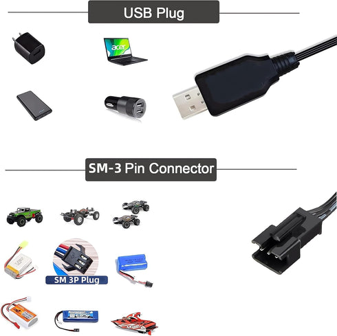 Smart Universal RC Charger Cable with SM-3P Connector Plug for 7.4V 2S Lipo Battery, Compatible RC Car/RC Boat/RC Plane/RC Drone/RC Tank/RC Helico...