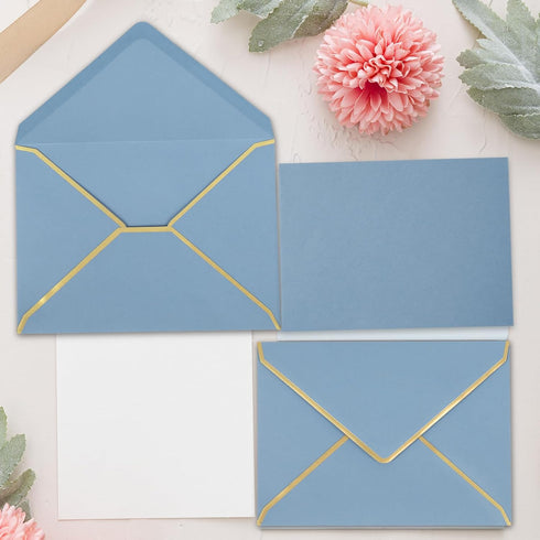 Whaline 50Pcs A7 Invitation Envelopes with Gold Border Dusty Blue Greeting Card Envelopes V-Flap Envelopes Gift Card Sleeves for Mailing Envelopes...