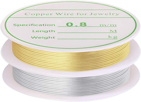2 Pack Jewelry Craft Wire - 20 Gauge Tarnish Resistant Copper Beading Wire for Jewelry Making, 0.8mm X 3m Each (Gold, Silver)...