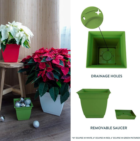 The HC Companies 8 Inch Eclipse Square Planter with Saucer – Indoor Outdoor Plant Pot for Flowers Vegetables Herbs, Peridot Green...