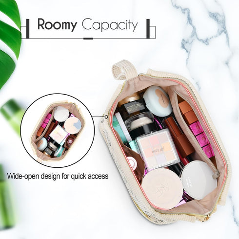 Travel Makeup Bag, Large Double Layer Make Up Cosmetic Bag for Women, Wide-open Pouch Organizer Bag for Girls, Roomy Makeup Travel Bags (Beige)...