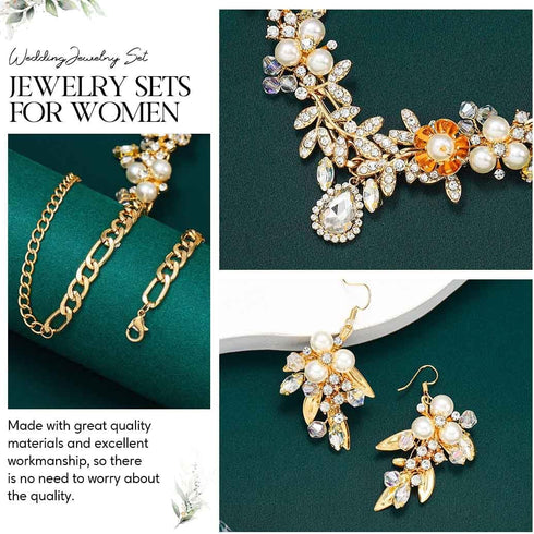 Aukmla Bridal Jewelry Set Gold Rhinestones Wedding Necklaces Earrings Sets Earring Sets Pearl Prom Costume Jewelry for Women and Brides...