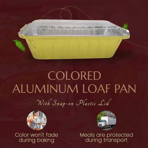 KitchenDance Disposable Aluminum Closable Loaf Pan with Plastic Lids, 2 Pounds, Gold, 1850P...