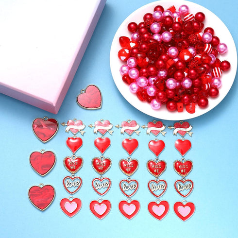 Urwomin 249 Pieces Valentine's Day Beads Jewelry Making for Necklace Bracelet Love Heart Charms Rhinestone Red Beads Assortments for Women Girls D...
