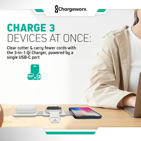 3-in-1 Wireless Charging Pad w/Foldable Travel Stand, Rapid 15W Station Charges 3 Devices, Compatible with iPhone, AirPods & Apple Watch...