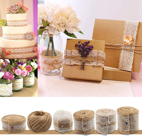 30PCS Burlap Hessian Flowers Set, Include 24 Burlap Flowers and Bowknots, 5 Lace Burlap Ribbon Rolls,1 Twine Ribbon and Glue Point for Wedding Par...