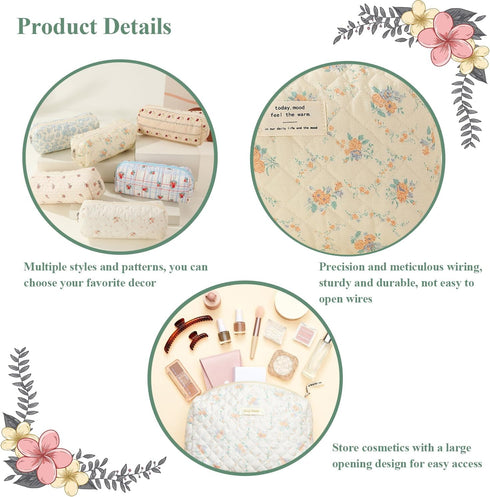 3 Pcs Cotton Quilted Makeup Bag Set, Floral Cotton Cosmetic Bag, Cute Makeup Bag, Aesthetic Toiletry Travel Organizer Bag for Women Girls (A)...