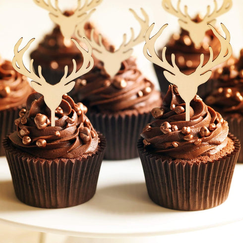 Wooden Deer Cupcake Toppers Antler Cake Picks Wedding Baby Shower Birthday Hunting Rustic Country Party Cake Decoration Supplies 24 Counts...