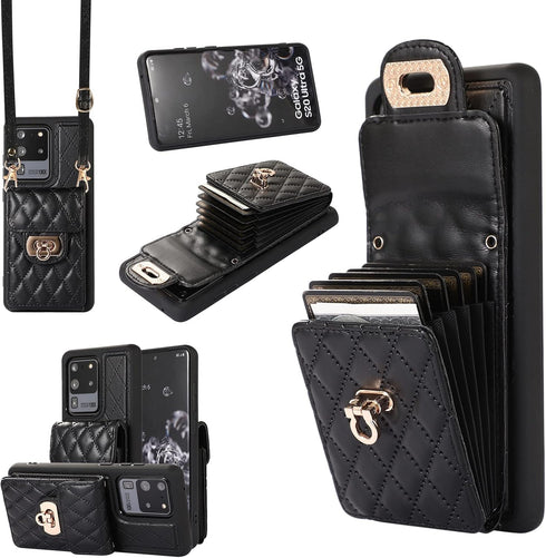 Phone Case for Samsung Galaxy S20 Ultra 5G Wallet Cover with Credit Card Holder Shoulder Crossbody Strap Long Lanyard Leather Cell Accessories S20...