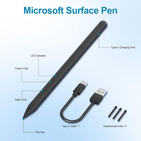 Microsoft Surface Pen for Surface Pro 9/8/11/10/7/6/5/4/3/, Fast Charging Stylus for Surface Go 2/3/Book/Laptop, Palm Rejection 4096 Pressure Sens...