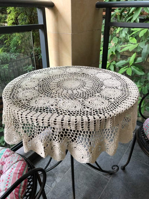 Damanni Beige Cotton Handmade Crochet Lace Tablecloth Doilies Table Overlay,Round,35 Inch...